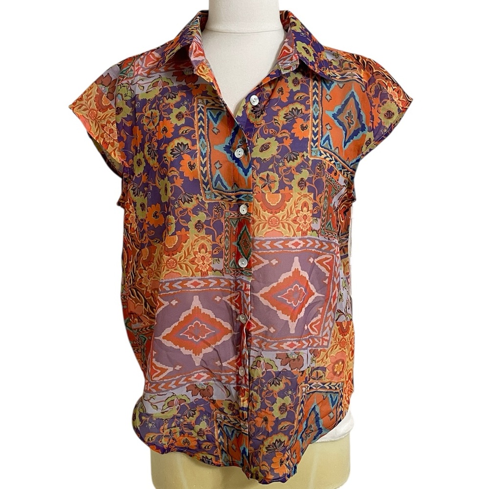New LIFE Vibrant Orange Purple Yellow Print Short Sleeve Button Shirt Medium